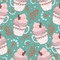 Winter seamless pattern with cups or mugs with cream and cinnamon sticks, berries. Vector illustration