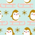 Winter seamless pattern with cute kawaii pinguin on a sleigh