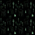 Winter seamless pattern with deer in forest dark background