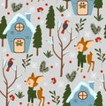 Seamless pattern with deer and houses in the winter forest - vector illustration, eps Royalty Free Stock Photo