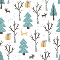 Winter seamless pattern with doodle hand drawn birch and fir trees forest, gift boxes, fox and deer. Cartoon flat Royalty Free Stock Photo