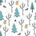 Winter seamless pattern with doodle hand drawn birch and fir trees forest, gift boxes, fox and deer. Cartoon flat Royalty Free Stock Photo