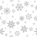 Winter seamless pattern with flat silver grey snowflakes on white background.