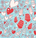 Winter seamless pattern with flowers, hearts and snowflakes. Endless lace background for prints, textile, scrapbooking, craft Royalty Free Stock Photo