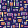 Winter seamless pattern. Gifts in cardboard boxes with bows and sweets in colorful wrappers. Symbols of Happy New Year and