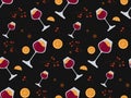 Winter seamless pattern with glasses of mulled wine, spices and orange. Merry Christmas and holiday banner design