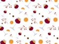 Winter seamless pattern with glasses of mulled wine, spices and orange. Merry Christmas and holiday banner design