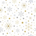 Winter seamless pattern with gold and pastel snowflakes