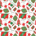 Winter seamless pattern with green and red elements, Christmas tree, balls, garlands, flags, drawing in trendy cute style on
