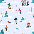 Winter seamless pattern with happy people skiing, skating and sledding. Vector flat cartoon Christmas fun background