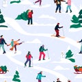 Winter seamless pattern with happy people skiing, skating and sledding. Vector flat cartoon Christmas fun background