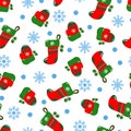 Winter seamless pattern with a hat, a Christmas sock and snowflakes on a white background.