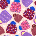 Winter seamless pattern with hats or caps in vector. Red, pink violet and burgundy colors illustration collection. Royalty Free Stock Photo