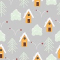 Winter seamless pattern with houses and trees for printing typographic products, vector Christmas illustration, winter illustratio