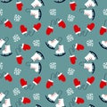 Winter seamless pattern with mittens, skates and snowflakes.