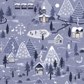 Winter seamless pattern with night landscape with village and church in the woods. Beautiful Christmas Nature with City