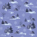 Winter seamless pattern in nordic style. Christmas vector illustration with forest landscapes and houses in the snow