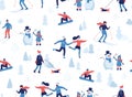 Winter seamless pattern. People having winter activities in park, skiing, skating, snowboarding, girl walking the dog Royalty Free Stock Photo