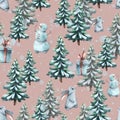 Winter seamless pattern on a pink background with Christmas trees, hares, snowmen, gifts. Watercolor illustration from a Royalty Free Stock Photo