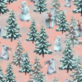 Winter seamless pattern on a pink background with Christmas trees, hares, snowmen, gifts. Watercolor illustration from a Royalty Free Stock Photo