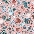 Winter seamless pattern on a pink background with Christmas trees, hares, snowmen, knitted clothes. Watercolor Royalty Free Stock Photo