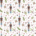 Winter seamless pattern with red flowers, pinecones, pine branches, nutcrackers and dots.