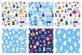 Winter seamless pattern set with christmas tree toy, fir, snowman, snowflake, snowball, gingerbread man.