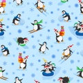 Winter seamless pattern of seven funny Christmas penguins