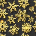 Winter seamless pattern with shining snowflakes and colorful confetti. New year and Christmas card illustration on black