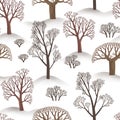 Winter seamless pattern of simple trees. Illustartion of brown forest on white snow background