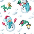 Winter seamless pattern snowmen. Merry Christmas holiday  New Year mood cute illustration. Cartoon design isolated on white Royalty Free Stock Photo