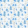 Winter seamless pattern with snowmen in blue tones