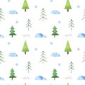 Winter seamless pattern with stylized Christmas trees, snowdrifts, snowflakes and cute bird tracks Royalty Free Stock Photo