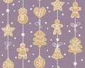 Winter seamless pattern. sweet cookies in the form of a man, Christmas tree, snowman, heart, stars hanging on a garland. Home