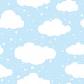 Winter Seamless pattern with white clouds and flat snowflakes and dots on blue sky. New Year backdrop.