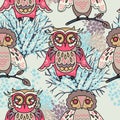 Winter seamless pattern witn cute doodle owls