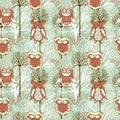 Winter seamless pattern witn cute doodle owls