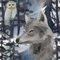 Winter seamless pattern with wolf in forest Royalty Free Stock Photo