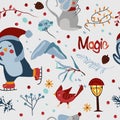 Winter seamless patterns with cardinal bird, Arctic penguin, cute mouse, colorful flowers and leaves.The Magical winter