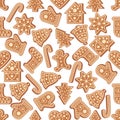 Winter seamless patterns with gingerbread cookies. Awesome holiday vector background. Christmas repeating texture Royalty Free Stock Photo