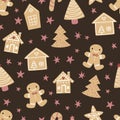 Winter seamless patterns with gingerbread cookies. Awesome holiday vector background. Christmas repeating texture for Royalty Free Stock Photo