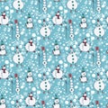 Winter seamless vector pattern. Snowmen on the background of snowfall. Design for holiday packaging, paper, fabric