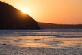 Winter seascape with ice floes on the water surface. Royalty Free Stock Photo