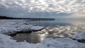 seascape, slow freezing sea, glorious skies, white pieces of ice by the sea