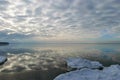 seascape, slow freezing sea, glorious skies, white pieces of ice by the sea