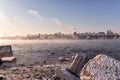 Winter seaside and views of the industrial port infrastructure for loading a Royalty Free Stock Photo