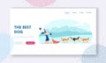 Winter Season Activities and Holidays Sport Website Landing Page. Musher Riding Dog Sled Team Frozen across Snowy Tundra Royalty Free Stock Photo