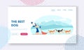 Winter Season Activities and Holidays Sport Website Landing Page. Musher Riding Dog Sled Team Frozen across Snowy Tundra