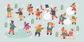 Winter season background kids characters. Flat vector illustration. Winter outdoor activities. Children  have fun Royalty Free Stock Photo