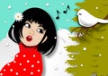 Winter season background with beautiful lady singing a song with a little bird in snow background and paper art design vector and Royalty Free Stock Photo